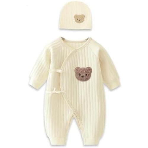Newborn Baby Onesie with Hat,100% Cotton Cute Bear Long Sleeve Baby Grows Bodysuit, Soft Infant Newborn Boy's Girl's Clothes