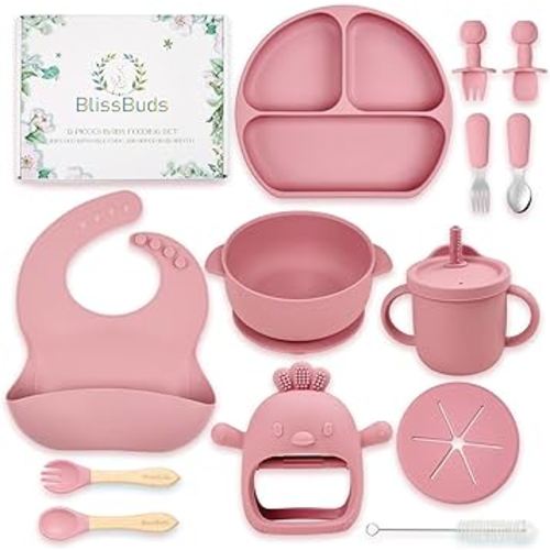 BlissBuds Silicone Baby Feeding Set, 15 pieces baby suction plates and bowls set with baby bibs, spoons, forks, sippy cup and teether, baby led weaning supplies set for 6 months + (Pink)