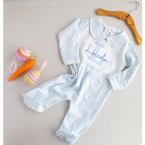 Monogrammed Baby Shower Gift • Infant Footie • Blue and White Check Romper •  Coming Home Outfit