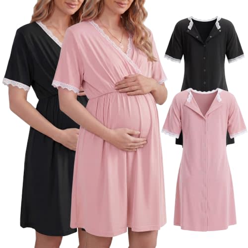 Cutecrop 2 Pack Labor and Delivery Gown for Hospital Maternity Nursing Button Back Gown Short Sleeve Breastfeeding Dress