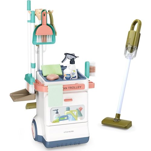 Jovow Kids Cleaning Set for Toddlers, Detachable 20 Pcs Pretend Play Set, Educational Toddler Cleaning Carts Includes Real Working Vacuum Cleaner, Broom, Spray Bottle and More
