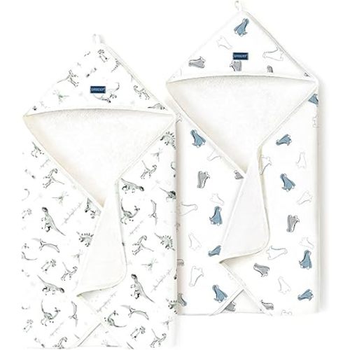 GRSSDER Baby Hooded Towel 2 Pack for Newborn, Super Soft Bath Towels with Original Designs, Ultra Absorbent Knit Terry, Large Toddler Towels with Hood for Boys Girls, Shower Gifts for Infant,34"x 34"