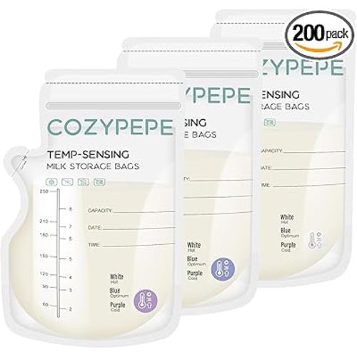200 Pcs Breastmilk Storage Bags, 8oz Breast Milk Storing Bag with Pour Spout, Temperature-Sensing Color Change Milk Bag for Convenient Breastfeeding, No Leak Presterilized for Freezer