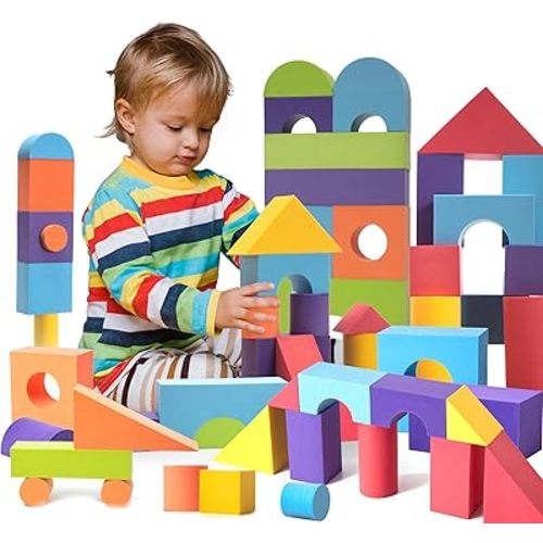 Set of 34 Large Foam Blocks for Toddlers - Stacking Soft Blocks for Kids with Shapes & Colors Learning - Construction Building Preschool Toys - Soft Toy for Daycare Toddlers 3-5 & Above