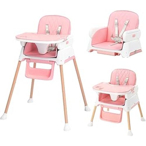 JOYMOR 5 in 1 Baby High Chair for Babies and Toddlers, Portable Highchair Fold Compact, ConvertibleBaby Feeding Chair Booster for Eating with Detachable Double Tray, 5 Point Harness (Pink)