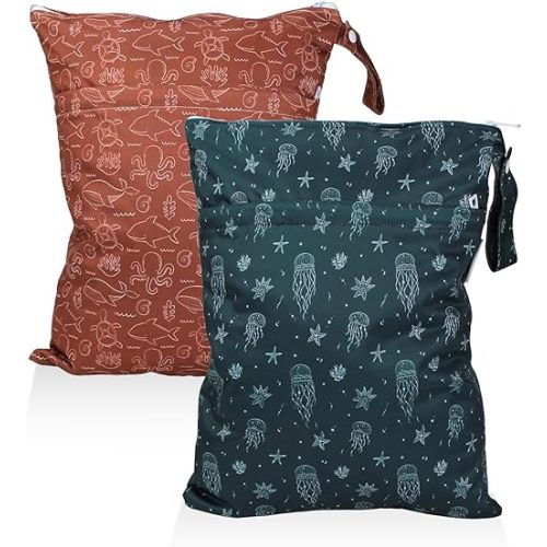 Mama Koala Waterproof Wet Dry Bags for Baby Items, Cloth Diapers, Swimsuits, Travel, Gym Clothes, Beach, Pump Parts, Toiletries, Two Zippered Pockets, 2 Pack (W020)