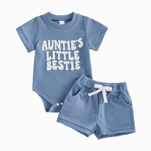 mgoYE Aunties Little Bestie Baby Clothes Newborn Boy Short Sleeve Letter Romper and Waffle Shorts Sets 2Pcs Summer Outfit(Blue,0-3 Months)