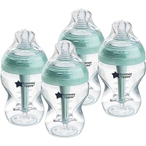 Tommee Tippee Advanced Anti-Colic 9 Oz BPA Free Baby Bottles, Newborn 0+ Months, Slow Flow Breast-Like Nipple, Unique Design Keeps Air Away from Milk and Baby, Clear, Pack of 4