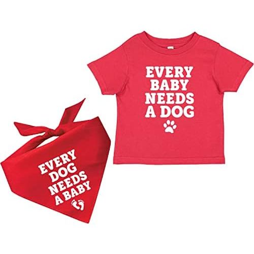 Every Dog Needs A Baby and Every Baby Needs A Dog Baby Infant Toddler Short Sleeve Tee Shirt and Matching Dog Bandana Set