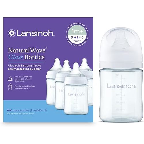 Lansinoh Glass Baby Bottles, Anti-Colic, White, 5oz, 4 Count, with Slow Flow Nipples (Size S, 1-3 Months), Baby Feeding Essentials