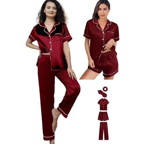 WJing Yi Jia 5Pcs Womens Silk Satin Pajamas Sets XS-XXL Short Pj Sets Button Down Pjs Set Sleepwear Loungewear