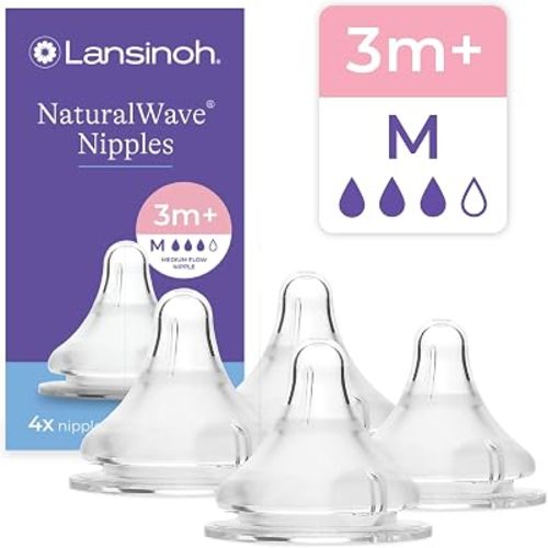 Lansinoh NaturalWave Baby Bottle Nipples, Medium Flow (M), 4 Count
