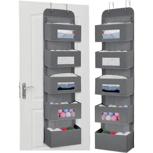 MAX Houser 5-Shelf Over The Door Hanging Organizer with 2 Metal Hooks, 5 Pocket Over The Door Wall Mount Storage with Clear Windows for Baby Nursery Bathroom Closet,Bedroom,Dorm,Diapers,Kids Toy(Gray)