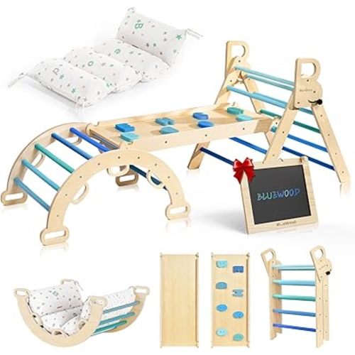 BlueWood Pikler Triangle Set with Cushion, 8-in-1 Foldable Wooden Toddler Climbing Toys Indoor Playground Jungle Gym Montessori Philosophy Climber for 2-6 Years Old, Baby, Kids (Sky Blue)