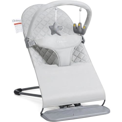 Orzbow Baby Bouncer, Portable Baby Bouncer Seat for 0-18 Months Up to 20 lbs - 3 Recline Positions, Foldable Infant Bouncy Seat with Removable Toy Bar, Ergonomic Design, Grey