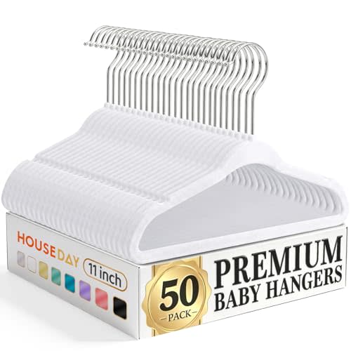 HOUSE DAY 11 Inch Velvet Baby Hangers 50 Pack White, Premium Kids Hangers for Children, Infant & Toddler Clothes, Durable Non Slip Small Baby Felt Hanger for Closet, Ideal for Everyday Use