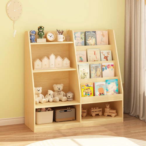 Kids Bookshelf, 4-Tier Wooden Bookcase With Toy Storage Bin And Display Stand, MDF Board With Anti-Tipping Device For Books And Toys In Kids Room Nursery, 35.43 x 11.81 Inch Natural