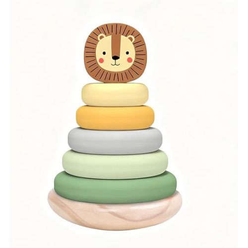 Wooden Ring Stacker Toy for 1 Year Old - Montessori Toys for 1 Year Old Boy and Girl, Stacking Rings with Lion Topper, Baby Toy 12-18 Months, Fine Motor Skills, 1st Birthday Gift