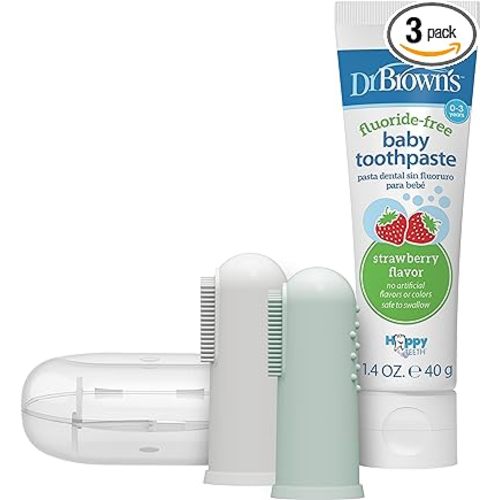 Dr. Brown's 100% Silicone Baby Finger Toothbrush and Toothpaste Set, 2-Pack Toothbrush with Storage Case, Fluoride-Free Strawberry Toddler Toothpaste, Gray & Light-Green