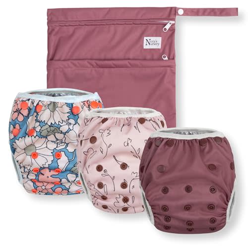 Nora's Nursery Reusable Swim Diapers and Wet Bag - One Size Fully Adjustable - Charleston Rose Unisex 3 Pack with Wet Bag