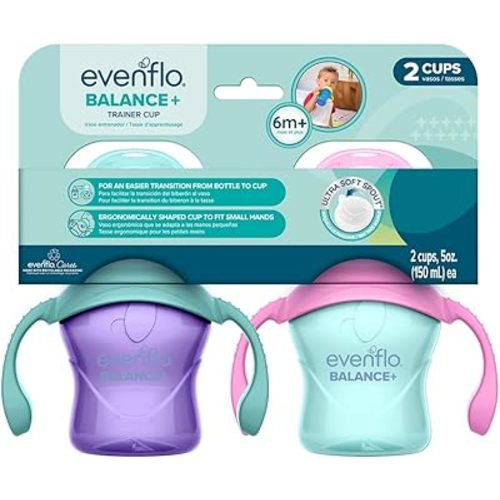 Evenflo Balance+ Trainer Cup with Ultra Soft Spout, Purple & Mint with Pink & Teal Handles, 5oz, 2 Pack, for 6+ Months