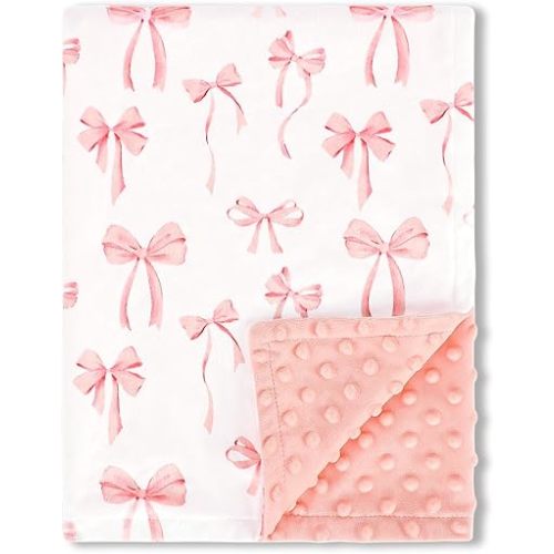 Baby Blankets for Girls, Toddler Newborn Blanket Double Layer with Dotted Backing Crib Receiving Blanket for Toddler Nursery Bed Blanket, Pink Bow, 30x40 Inches