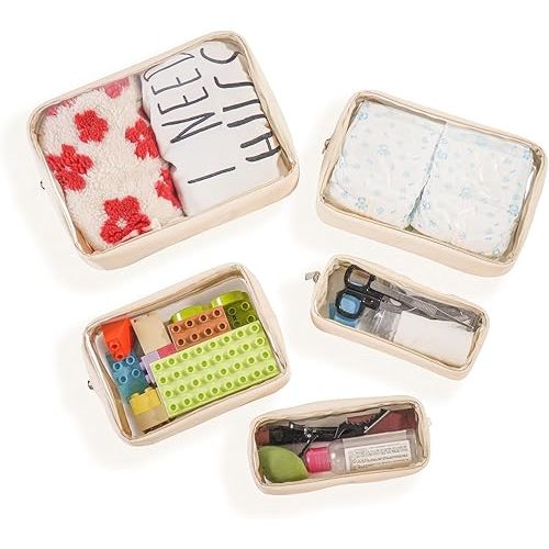 TSA Approved 5-Piece Diaper Bag Organizer Pouch Set Clear Waterproof TPU Kids Toiletry Storage Set Travel Packing Clutch Cube Bags for Baby Nursing
