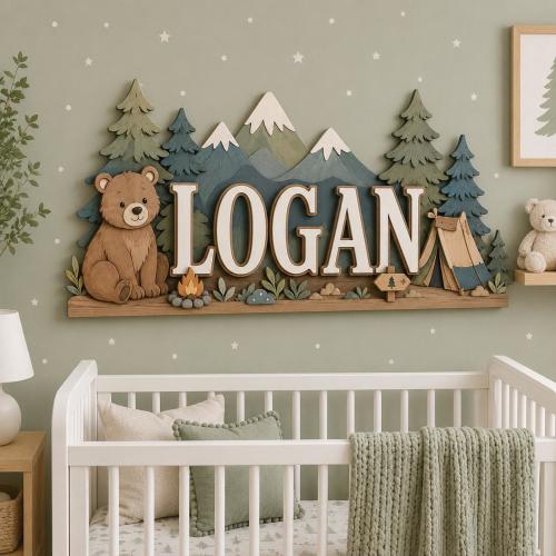 Personalized Woodland Nursery Name Sign, Custom Bear & Camping Baby Boy Wall Decor, Mountain Forest Wooden Name Sign