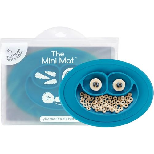 ezpz Mini Mat (Blue) - 6 -12 Months+ - 100% Silicone Suction Placemat + Divided Plate with Three Compartments - Supports Baby-Led Weaning - Designed for Highchair, Table, and Travel
