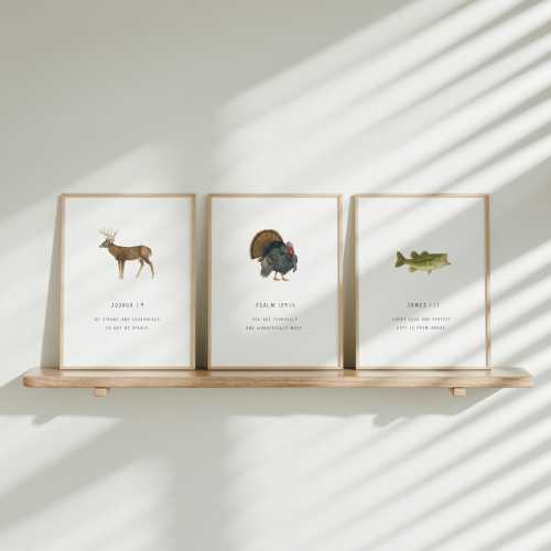 DIGITAL DOWNLOAD Boys Hunting Nursery Wall Art, Set of 3 Buck Gobbler Bass Bible Verse Art, Deer Turkey Fish Baby Decor, Hunting Baby Shower
