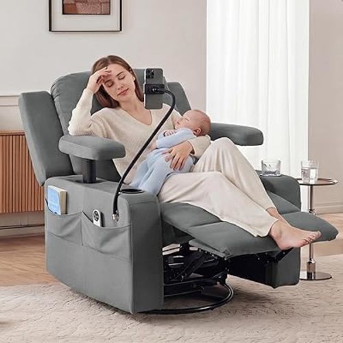 Furnimart Power Rocking Chair Nursery with Adjustable Armrests, Triple Motor Glider Recliner Swivel Nursing Chair for Breastfeeding with Phone Holder, Side Storage, Soft Waterproof Fabric, Dark Grey