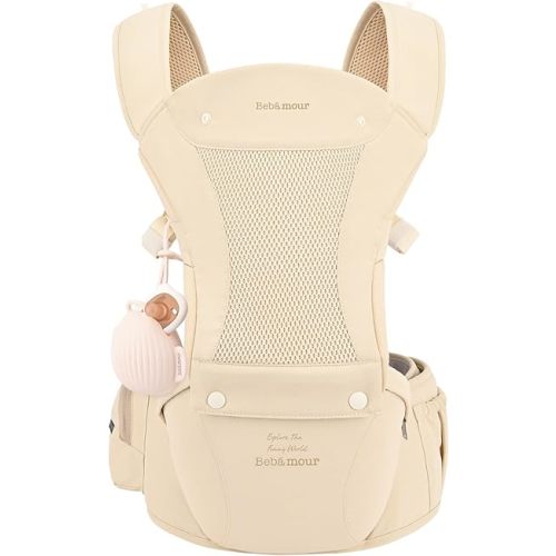 Bebamour Baby Carrier with Hip Seat,All-Position Breathable Mesh Hip Seat & Carrier 0-36Months with Head Hood, 3 PCS Teething Pads, Waist Extender,Storage Bag & Pacifier Case (Gold)