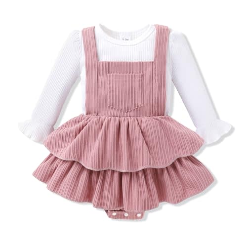 YOUNGER TREE Baby Girl Romper Corduroy Overall Skirt Set Fall Winter Outfit | Cotton-blend romper & corduroy suspender skirt set; soft breathable; floral print; newborn baby girl fall winter daily wear
