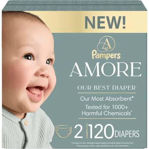 Pampers Amore, Size 2 (10-22 lbs), 120 Count, Our Best Diaper – Hypoallergenic & Fragrance Free, Up to 100% Leakproof, Soft as Cashmere