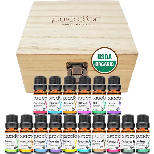 PURA D'OR Organic Sweet16 Essential Oils Set - 16x 10m Wood Box Aromatherapy Gift Set - 100% Pure Therapeutic Grade for Relaxation and Wellness (Lavender, Tea Tree, Turmeric, Ylang Ylang and More)
