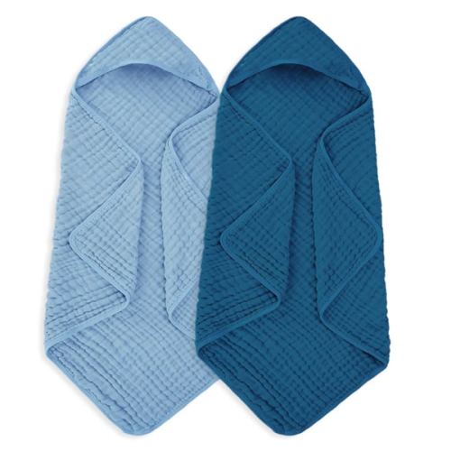 Muslin Baby Towels 100% Cotton ，Super Soft Muslin Baby Bath Towel - 32 x 32 Inches, Suitable for Newborn and Young Children up to 3 Years Old. (Light Blue & Dark Blue)
