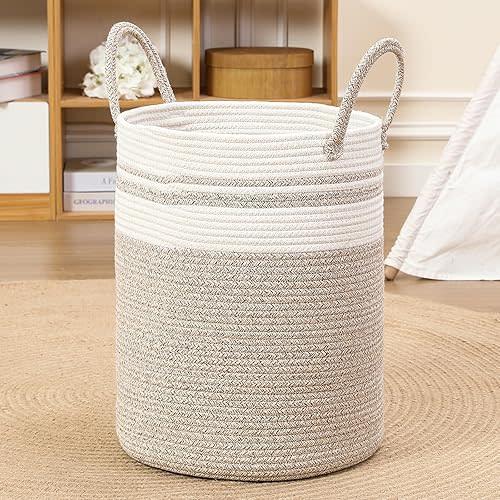 60L Large Woven Laundry Basket Hamper, 100% Natural Cotton Rope, Handwoven & Durable, Storage for Blankets, Toys, Clothes, Nursery Hamper for Living Room, Baby Room (Brown with White)