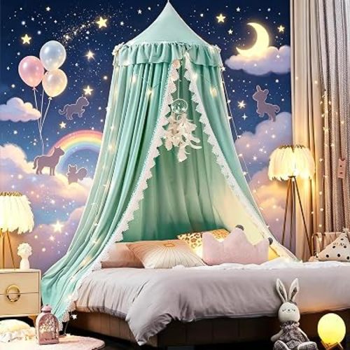 Kertnic Bed Canopy for Girls, Ruffled Soft Pink Princess Canopy Dreamy Bow Decor, Bed Canopies for Kids Room, Hanging Canopy Bedding Drapes Toddler Reading Nook Play Tent (Green)