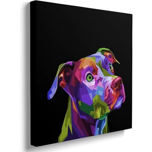 Pop Animal Canvas Wall Art Framed Colorful Dog Wall Decor American Pit Bull Terrier Poster Prints Pet Dog Picture Puppy Painting Artwork for Home Bedroom Living Room Decoration - 16x16 Inch