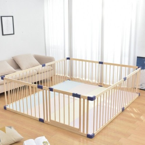 Wooden Baby Playpen -55 * 95 * 24 in, Large Wood Gate Playpen for Babies and Toddlers, Baby Fence Play Yard with Door for Kids Activity Center