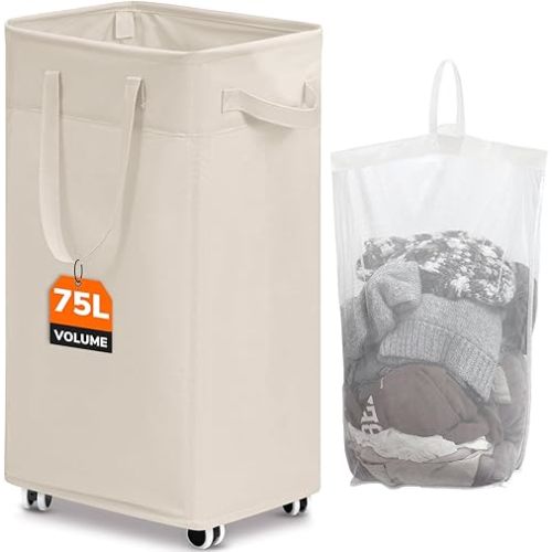 CHICVITA Collapsible Laundry Basket on Wheels 75L, Slim Laundry Hamper with Removable Wash Bag for Bedroom, Clothes Hampers for Laundry, Ivory