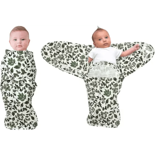 Baby Snugababe Swaddle Pod for Newborns, Secure Arm Inserts Ensures Baby's Arms Can't Come Out, Zipper Pod for Easy Diaper Changes, Parents Award Winner for Best Sleep, Green Leaves