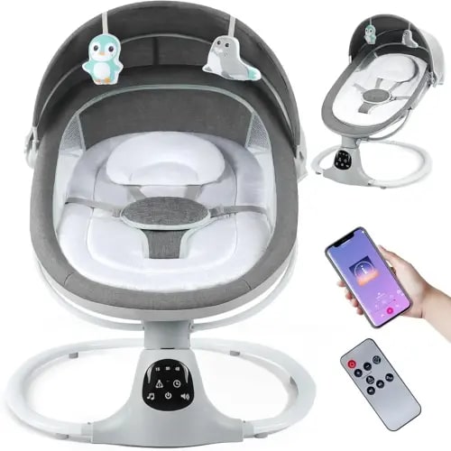 Electric Baby Swing for Infants to Toddler, Portable Swing Rocker with 5 Point Harness, 5 Sway Speed, Bluetooth,12 Preset Lullabies with Remote Control, Infant Swing for Baby Boys & Girls, Grey