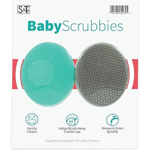 S&T INC. Exfoliating and Massaging Cradle Cap Bath Brushes for Baby, Silicone - 2 Inch x 2.5 Inch, Sage Green & Cream, 2 Pack