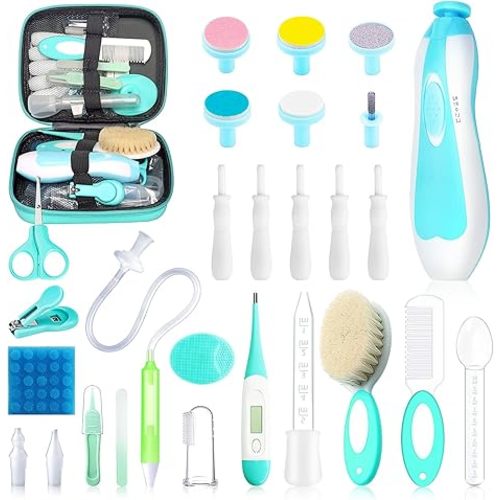 Baby Healthcare and Grooming Kit, 28 in 1 Portable Baby Essentials Kit Electric Nail Trimmer Set with Gas Relief Hair Brush Comb Nasal Aspirator for Newborn Boys Girls (Grey White)