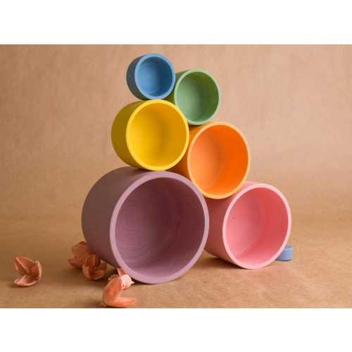 Stacking Cups Toy Wooden Bowls Set Pastel Rainbow Color Nesting Cylinder Montessori Material Learning Educational Birthday Gift for Children