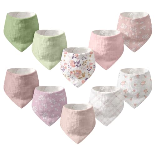 10 Pack Muslin Baby Bandana Bibs for Drooling and Teething | Absorbent Cotton Drool Bib for Baby Boy Girl, Easy Adjustable Bibs for Newborn Infants Toddlers, 0-36 Months, Pink Floral