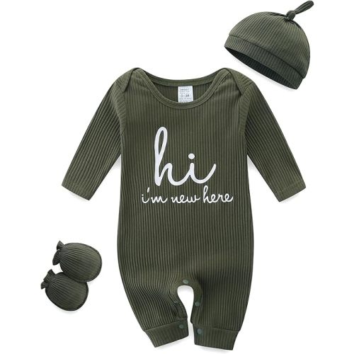 Baby Romper with Baby Mittens & Newborn Hats Footless Long Sleeve Solid Onesie Hi Im New Here