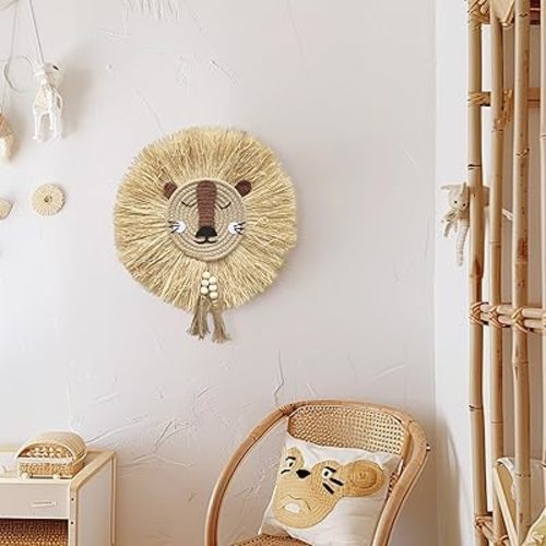 YarnieJiajia Tiger wall hanging decor art boho woven Jungle animal head with bead tassel for baby boy girl nursery room toddler playhouse cubicle bohemian bedroom Decoration
