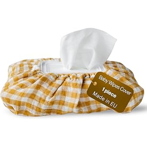 Baby Wipes Cover – Universal Size, One Size Fits All Wipes Packages | Muslin Cotton Tissue Cover for Nursery, Diaper Bag & Changing Table, Station | Gingham & Neutral Patterns (Mustard Yellow Gingham)
